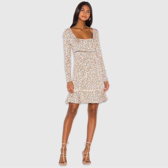 Free People Boheme Long Sleeve Square Neck Mini Dress in Ivory Floral | Size 6 - Picture 9 of 9